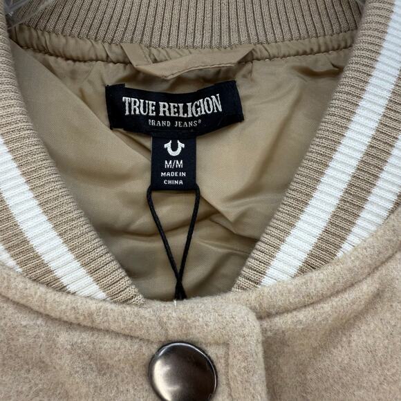 True Religion Jacket Women's M Tan White True Varsity Jacket Retro 70s 80s NWT - Picture 8 of 11
